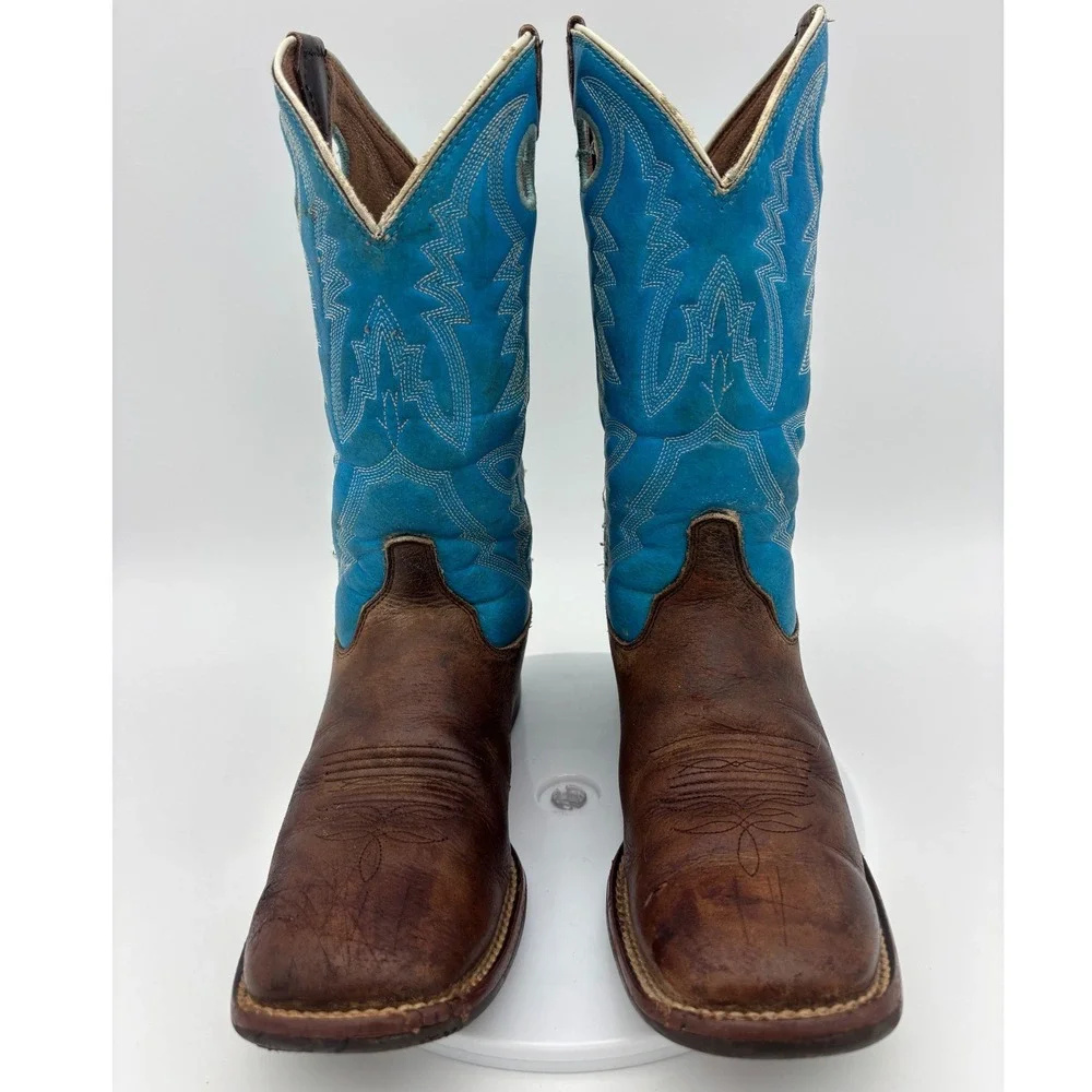 JUSTIN Kids Cowboy Boot Western Little Boy Youth 2 Brown Blue Leather Square Toe